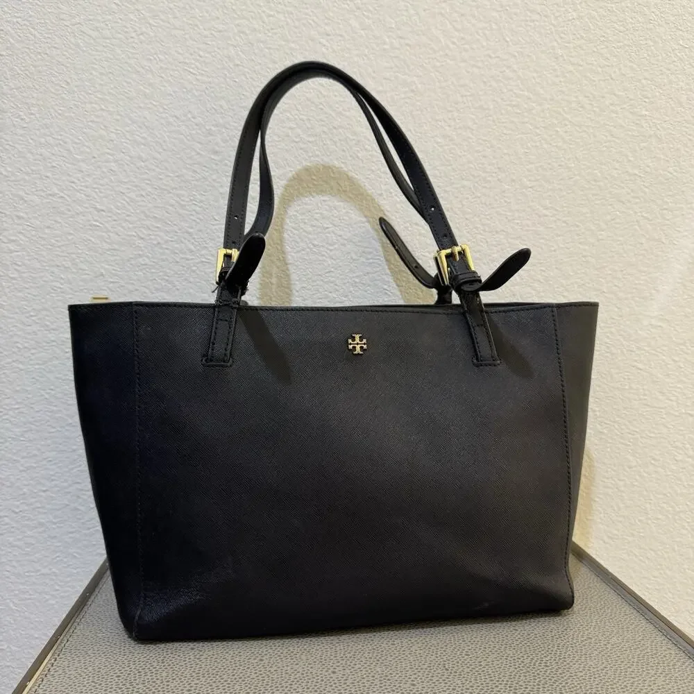 Tory Burch Small York Buckle Leather Tote Black Gold Hardware